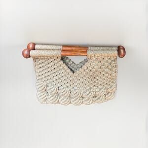 Vintage 70s Handmade Chunky Crochet Hand Bag Clutch Purse with Wooden Handles